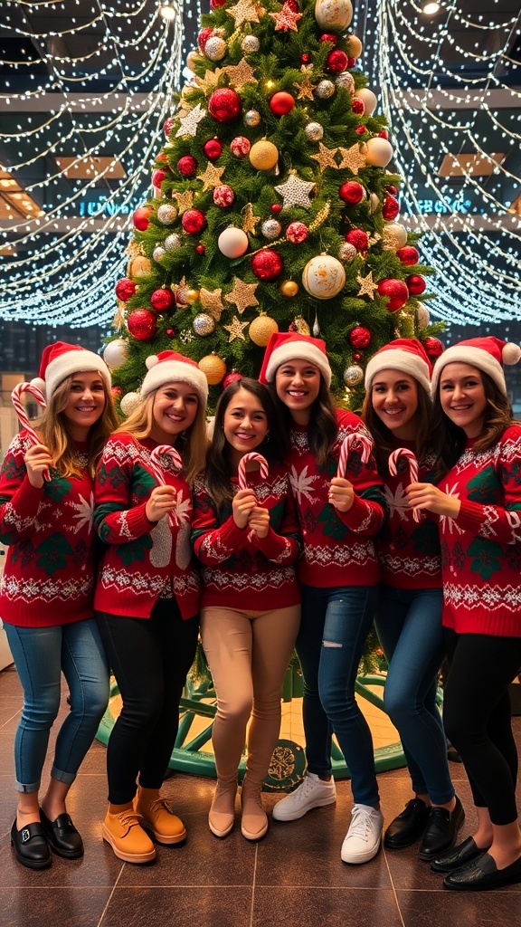 Friends in matching Christmas sweaters with candy canes in front of a decorated tree.